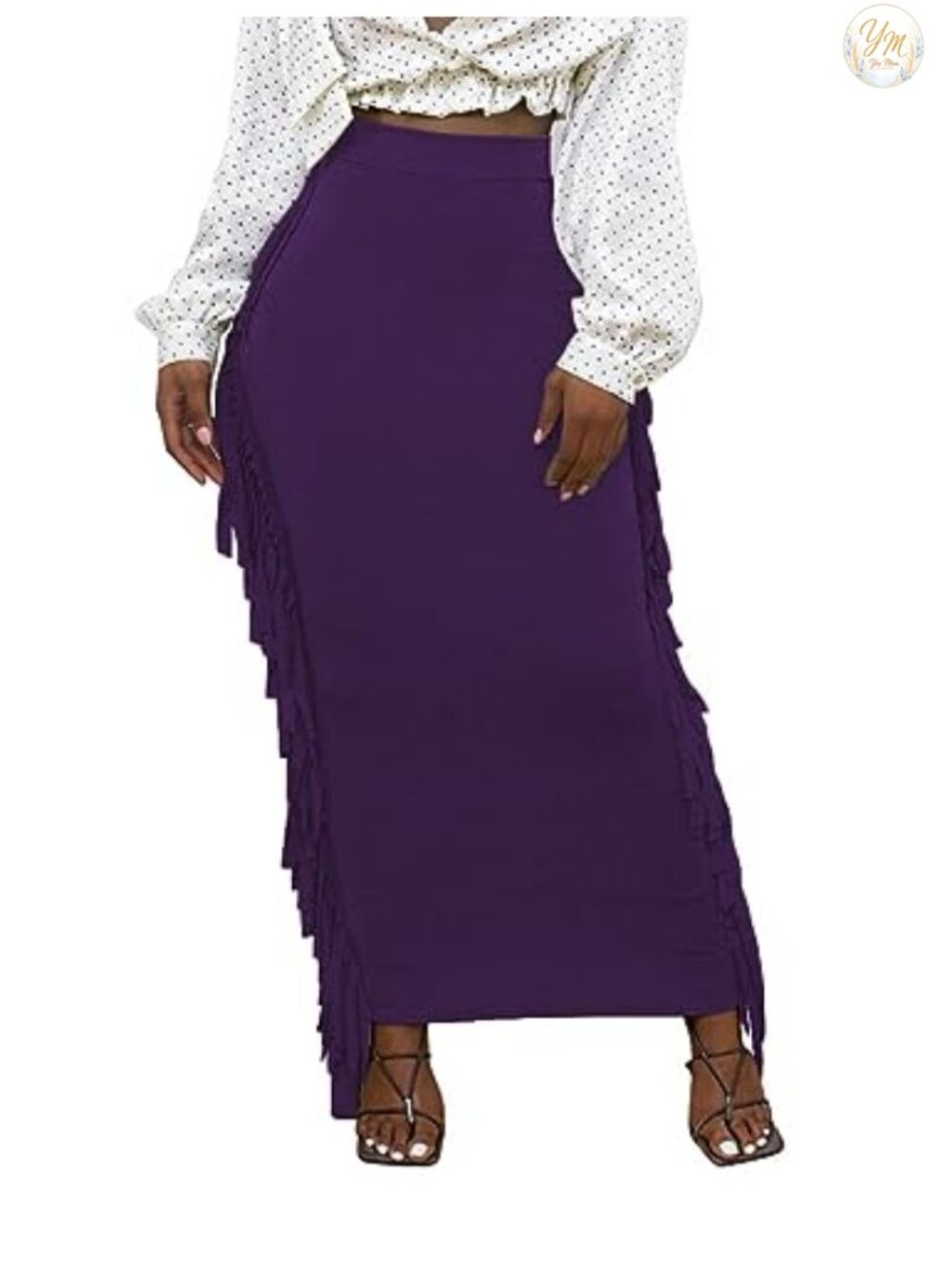 High Waist Side Fringe Maxi Pencil Skirt Stretchy Bodycon